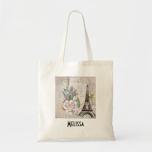 Vintage Flower Collage  Eiffel Tower Illustration Tote Bag