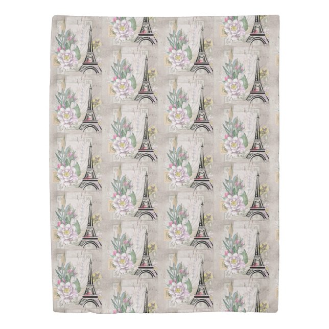 Vintage Flower Collage & Eiffel Tower  Pattern Duvet Cover (Front)
