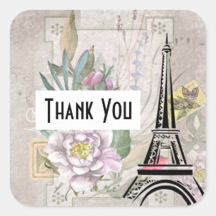 Vintage Flower Collage & Eiffel Tower Thank You Square Sticker