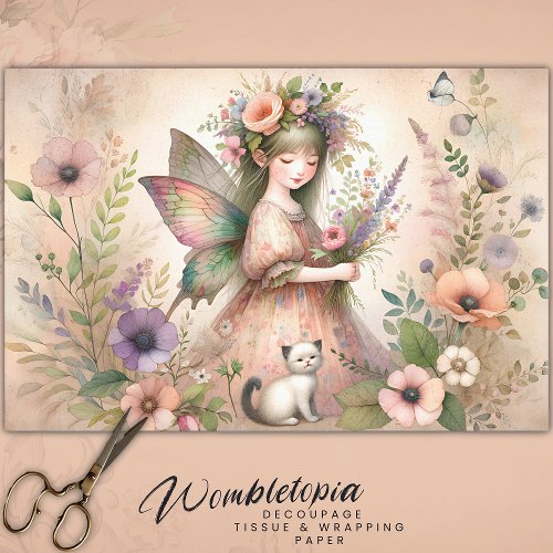 Vintage Flower Fairy  Cute Kitten Decoupage Tissue Paper