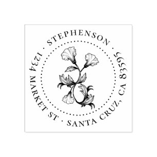 Vintage Flower Family Name Round Return Address Rubber Stamp