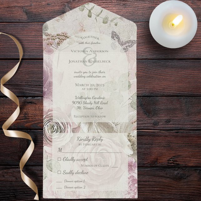Vintage Flower Garden All In One Invitation (Also available without dinner options or with QR code. )
