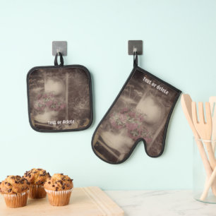 Vintage Flower Garden Chair Personalized Oven Mitt & Pot Holder Set