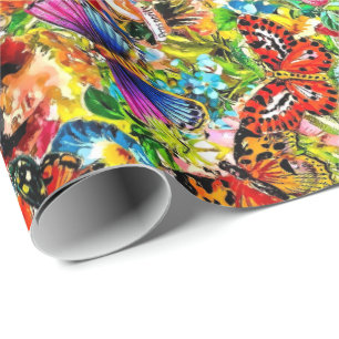 Vintage Flower Garden Colorful Butterfly Floral Wrapping Paper