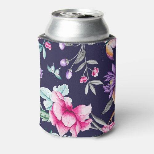 Vintage Flower Garden Rainbow Butterfly Blue Can Cooler