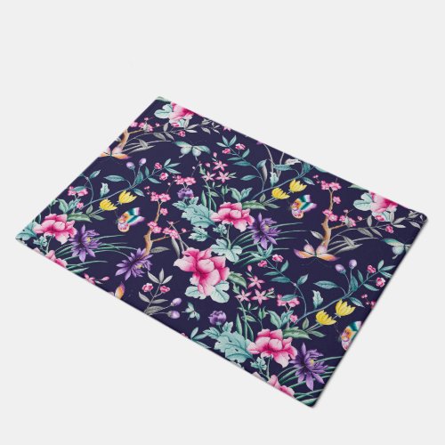 Vintage Flower Garden Rainbow Butterfly Blue Doormat