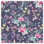 Vintage Flower Garden Rainbow Butterfly  Blue Fabric
