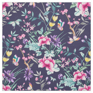 Vintage Flower Garden Rainbow Butterfly Blue Fabric