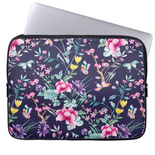 Vintage Flower Garden Rainbow Butterfly  Blue Laptop Sleeve