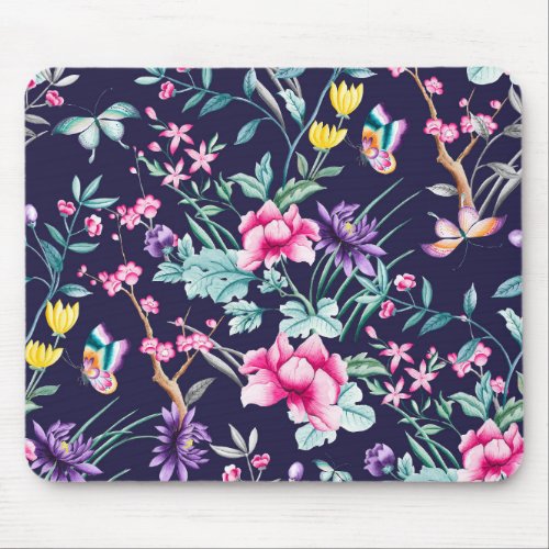 Vintage Flower Garden Rainbow Butterfly Blue Mouse Pad