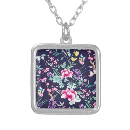 Vintage Flower Garden Rainbow Butterfly Blue Silver Plated Necklace