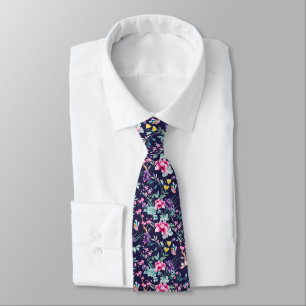 Vintage Flower Garden Rainbow Butterfly Blue Tie