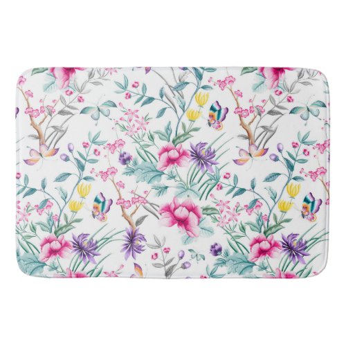 Vintage Flower Garden Rainbow Butterfly white Bathroom Mat