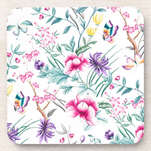 Vintage Flower Garden Rainbow Butterfly White Beverage Coaster