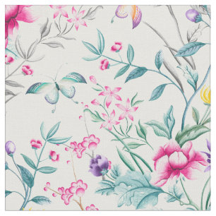 Vintage Flower Garden Rainbow Butterfly WHITE Fabric