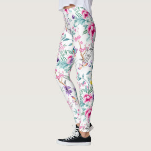 Vintage Flower Garden Rainbow Butterfly white Leggings