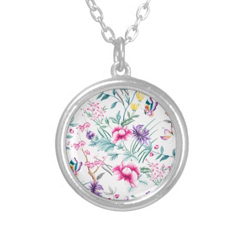 Vintage Flower Garden Rainbow Butterfly White Silver Plated Necklace