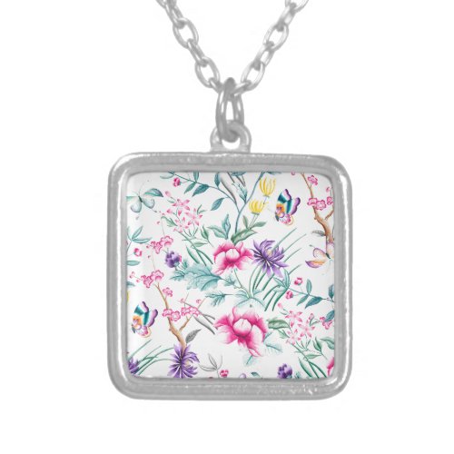 Vintage Flower Garden Rainbow Butterfly White Silver Plated Necklace