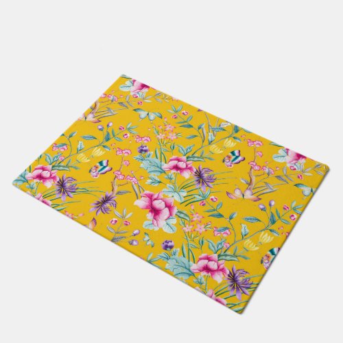 Vintage Flower Garden Rainbow Butterfly YELLOW Doormat