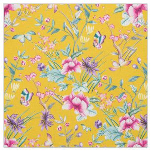 Vintage Flower Garden Rainbow Butterfly Yellow Fabric