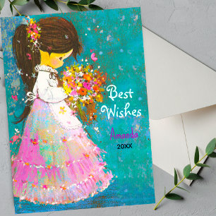 Vintage flower girl Christmas new year greeting Holiday Card