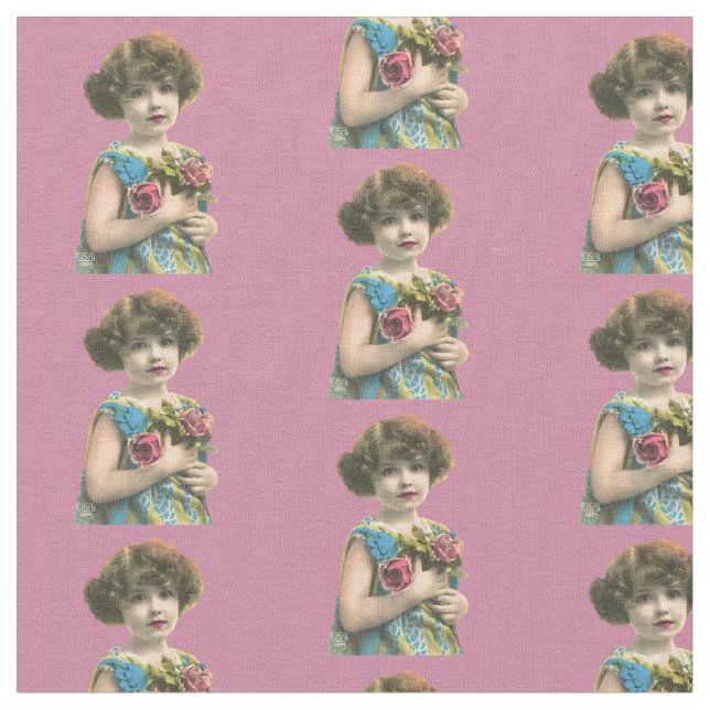 Vintage Flower Girl Pattern on Pink Fabric (Close Up)