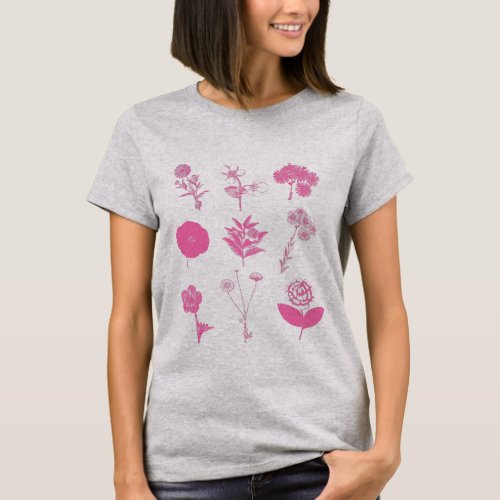 Vintage Flower Illustration Collage in Pink T_Shirt