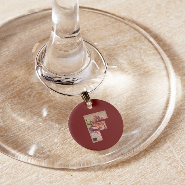 Vintage Flower Initial Letter F Wine Charm (In Situ)