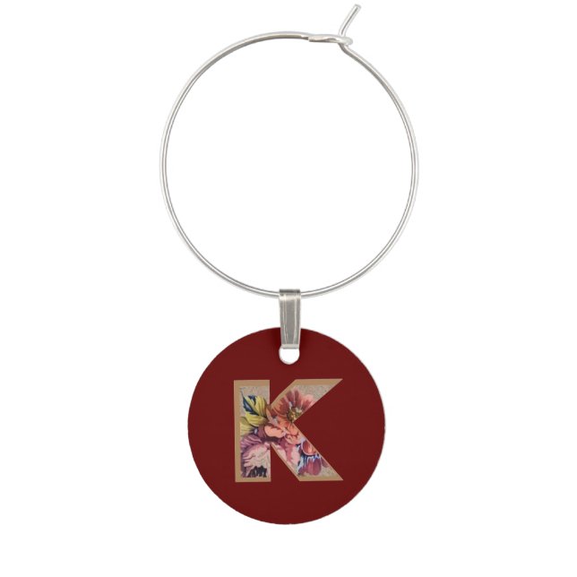 Vintage Flower Initial Letter K Wine Charm (Front)