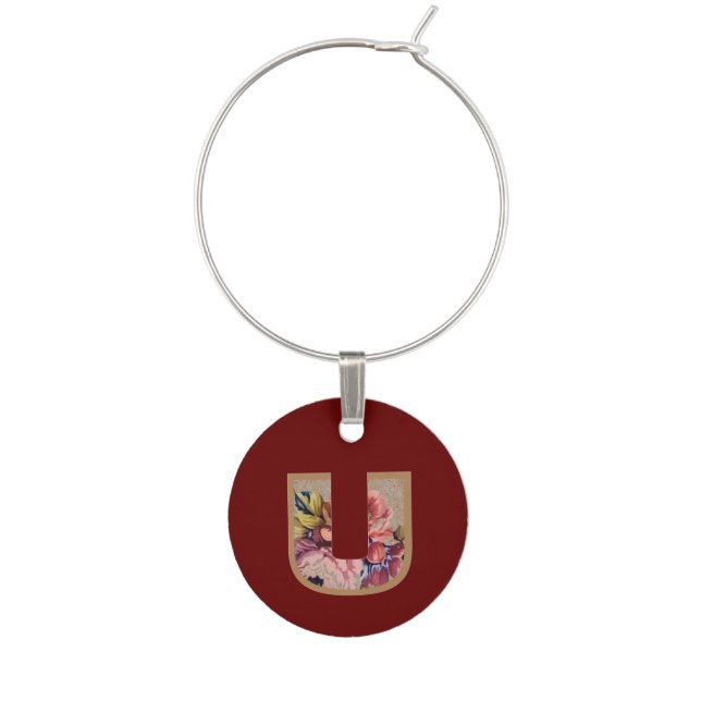 Vintage Flower Initial Letter U Wine Charm (Front)