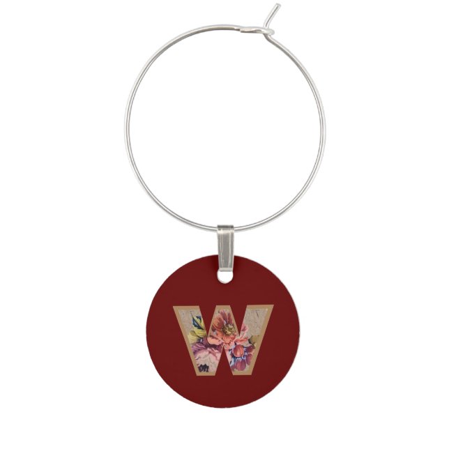 Vintage Flower Initial Letter W Wine Charm (Front)