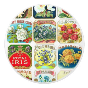 Vintage Flower Labels Ceramic Knob