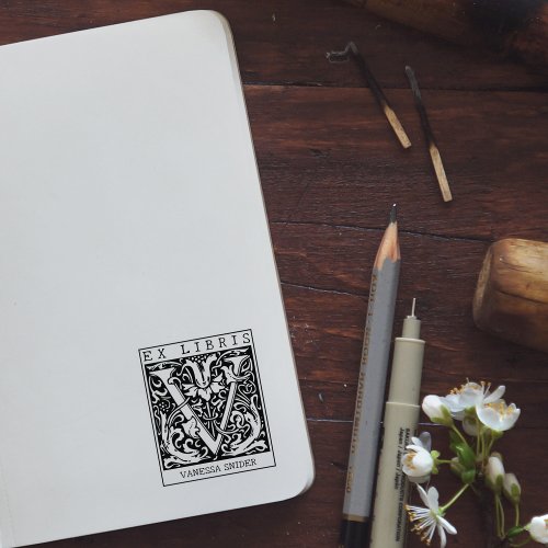 Vintage Flower Monogram Letter Book Ex Libris  Rubber Stamp