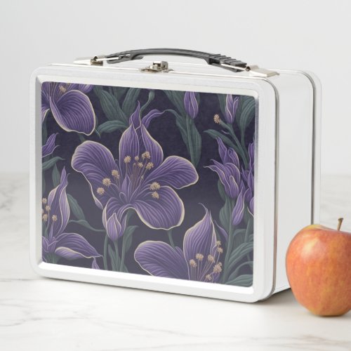Vintage Flower Pattern Purple Lily Seamless Metal Lunch Box