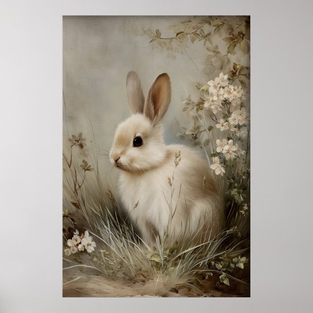 Vintage Flower Rabbit Print, Antique Bunny Poster (Front)