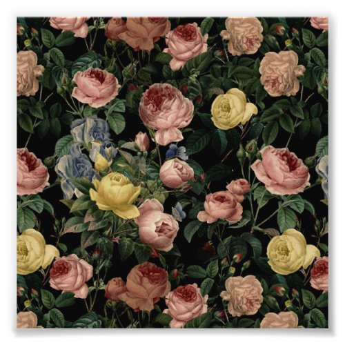 Vintage Flower Roses and Iris Pattern_Dark Dreams Photo Print