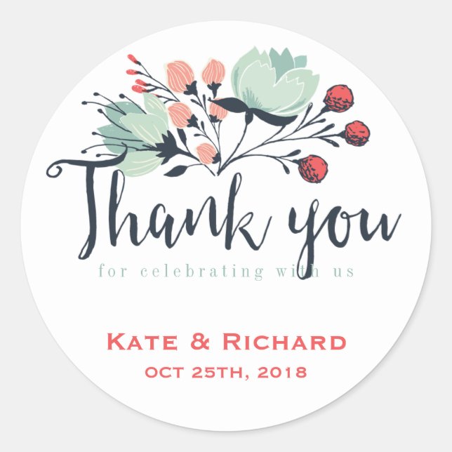 Vintage Flower Script Thank You Wedding Sticker (Front)