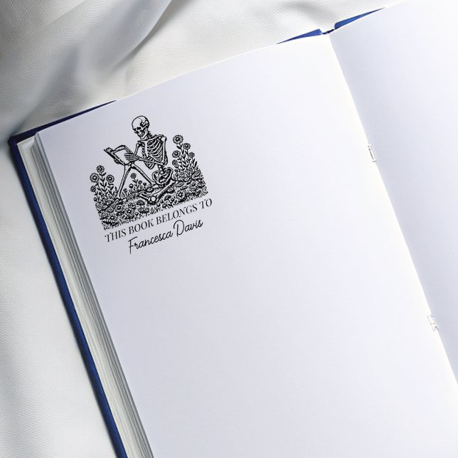 Vintage Flower Skull Reading Bookplate Rubber Stamp (Creator Uploaded)