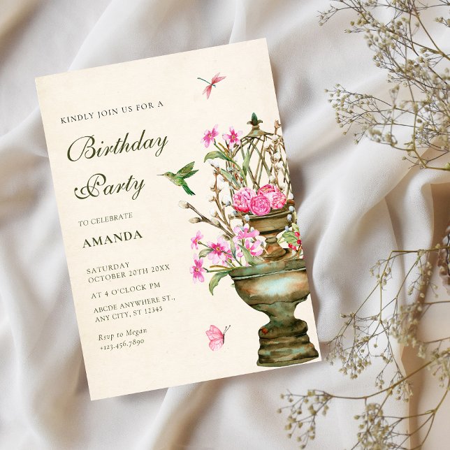 Vintage flower vase bouquet garden birthday invitation (Creator Uploaded)