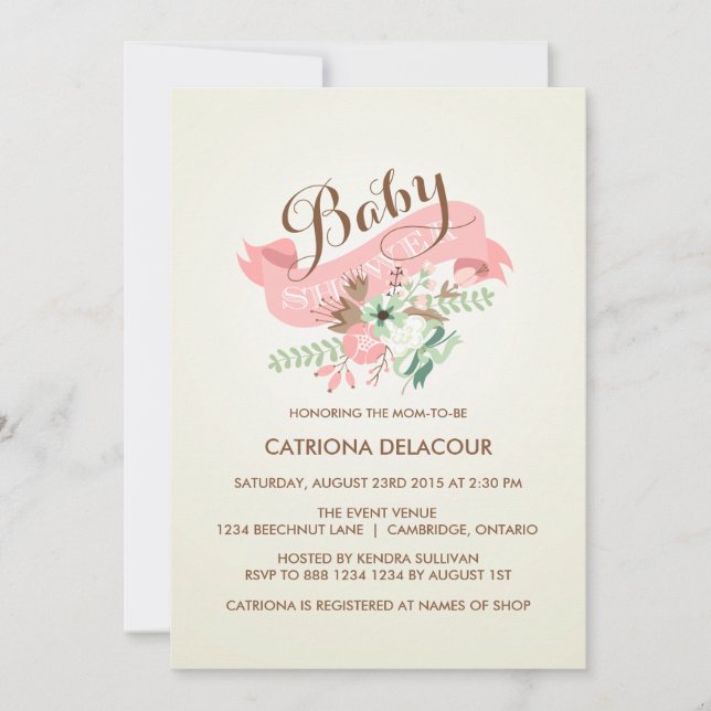 VINTAGE FLOWERS AND BANNER BABY SHOWER INVITATION (Front)