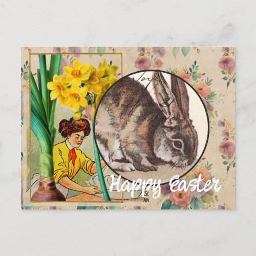 Vintage Flowers and Bunny Collage Easter Postcard