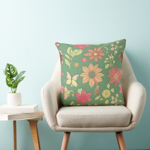 vintage flowers and butterflies Pattern Throw Pillow