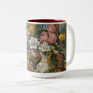 Vintage Flowers and Fruit Currier and Ives Two-Tone Coffee Mug