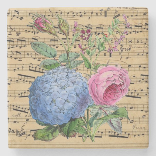 Vintage Flowers and Notes Stone Coaster (Front)