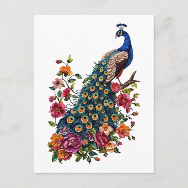 Vintage flowers and peacock postcard (Front)