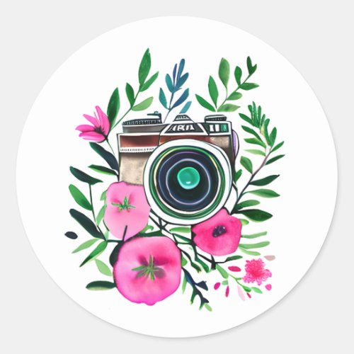 Vintage Flowers and Retro Camera Personalized Classic Round Sticker