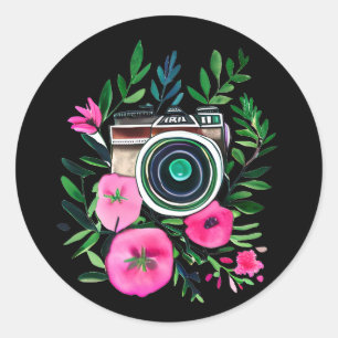 Vintage Flowers and Retro Camera Personalized Classic Round Sticker