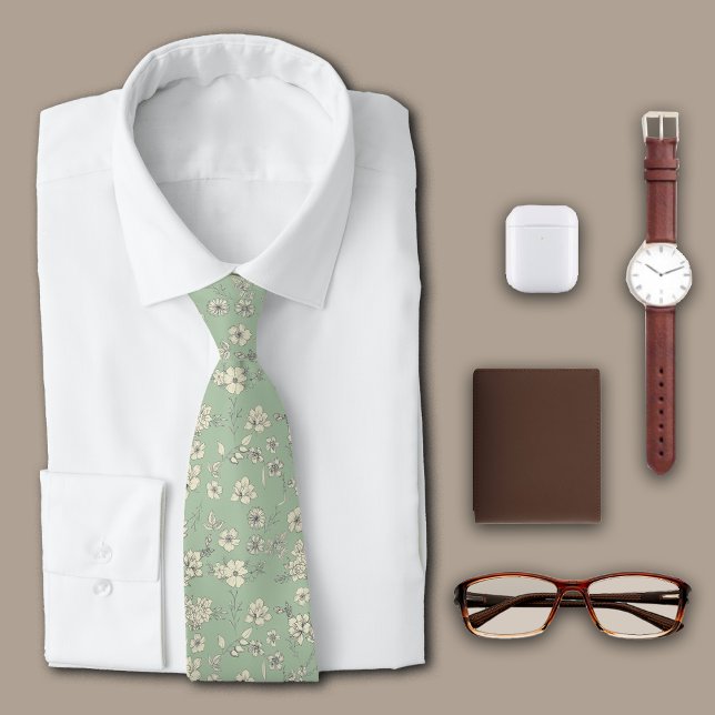 Vintage Flowers Antique Green Personalize Initial Neck Tie (Creator Uploaded)