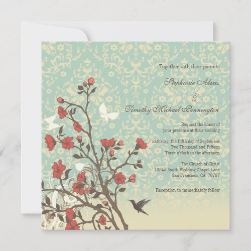Vintage flowers, bird + damask wedding invitation