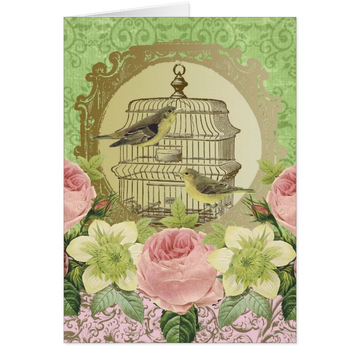 Vintage flowers, birds and birdcage notecard card